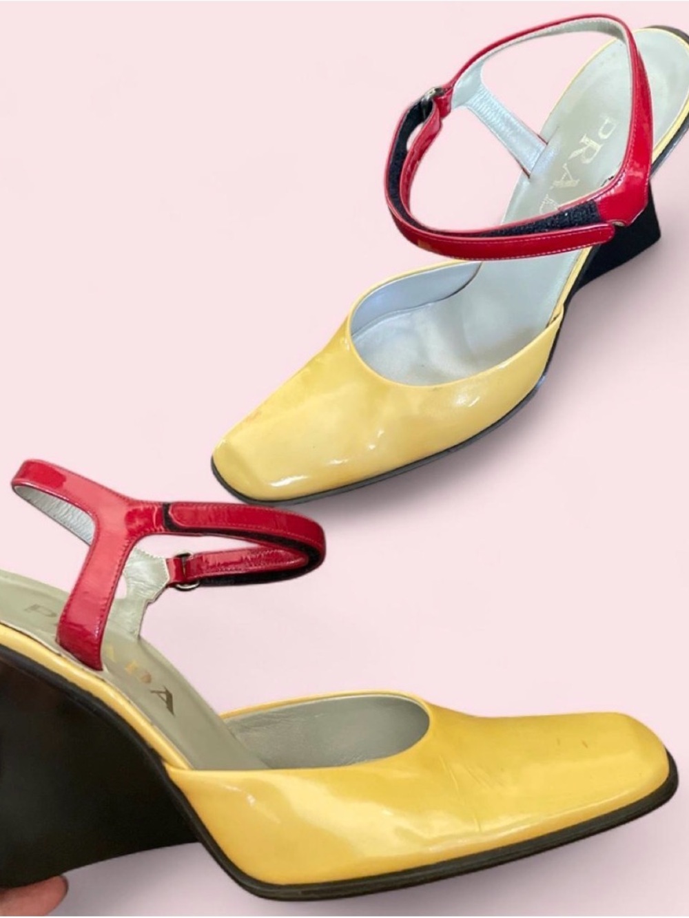 Vintage Prada Yellow and Red Patent Leather Ankle-Strap Pump wedge heel